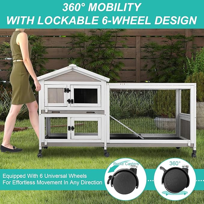 2-Tier Rabbit Hutch with Wheels, Indoor & Outdoor Small Animal Cage with Deep Pull-Out Tray, Anti-Chew Frame, Habitat for Bunny, Guinea Pig, Chinchilla (60" L x 19" W x 35" H)-Mewly Pet