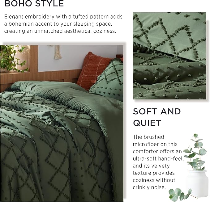 Bedsure Twin Comforter Set - Olive Green Comforter, Boho Tufted Shabby Chic Bedding for Kids, 2 Pieces Vintage Farmhouse Bed Set for All Seasons, Fluffy Soft Bedding with 1 Pillow Sham