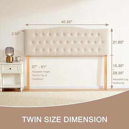 Tufted Upholstered Headboard Twin Size, Sturdy and Durable Solid Wood Twin XL headboard, Fabric Headboard Adjustable Height from 37” to 51”, Modern Button Diamond Design Head Board, Beige