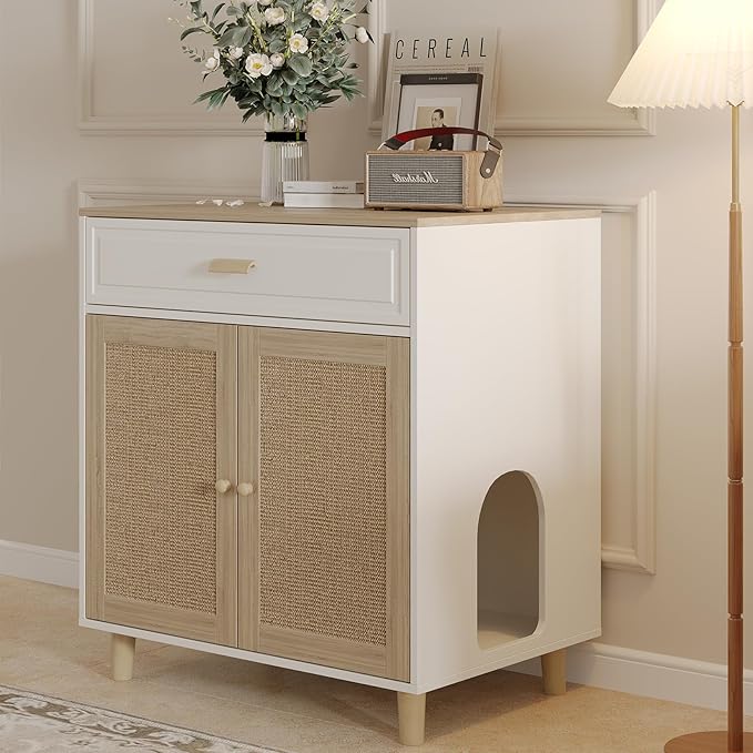 Cat Litter Box Enclosure Furniture Hidden - Indoor 2-in-1 Wooden Cat House & Washroom Cabinet with Scratching Board Doors and Drawer, 31.5”x21.6”x34.6”H-Mewly Pet