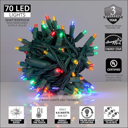 70 Multicolor 5mm LED Christmas Lights, 24 ft Green Wire Wide Angle Mini String, Commercial Grade Outdoor Tree & Holiday Lighting