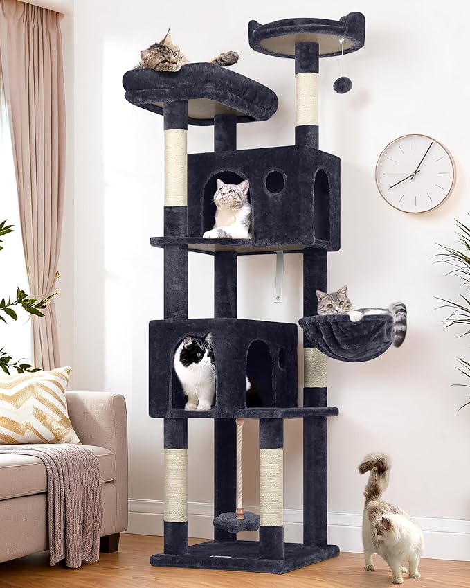 Globlazer Cat Tree, 70 inch Tall Scratching Tower Multi-Level Cat Condo for Indoor Multiple Cats with 2 Large Cat Caves, Top Perch, Large Platform, Bottom Swing, F70B, Dark Grey-Mewly Pet