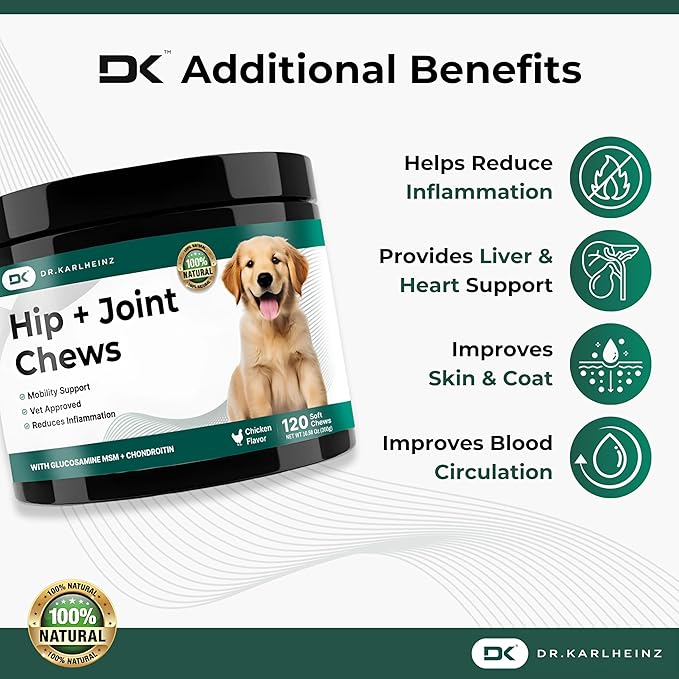 Glucosamine for Dogs - Max Strength Hip and Joint Supplement for Dogs - MSM, Chondroitin, Hemp Oil, Turmeric - Mobility Support and Pain Relief - 120 Chewable Tablets (Chicken Flavor)-Mewly Pet