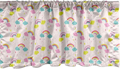 Ambesonne Cartoon Window Valance Pack of 2, Pastel Rainbows Clouds Raindrops Sky Theme, Rod Pocket Curtain Valances for Kitchen Bedroom, 42" X 18", Rose and Multicolor