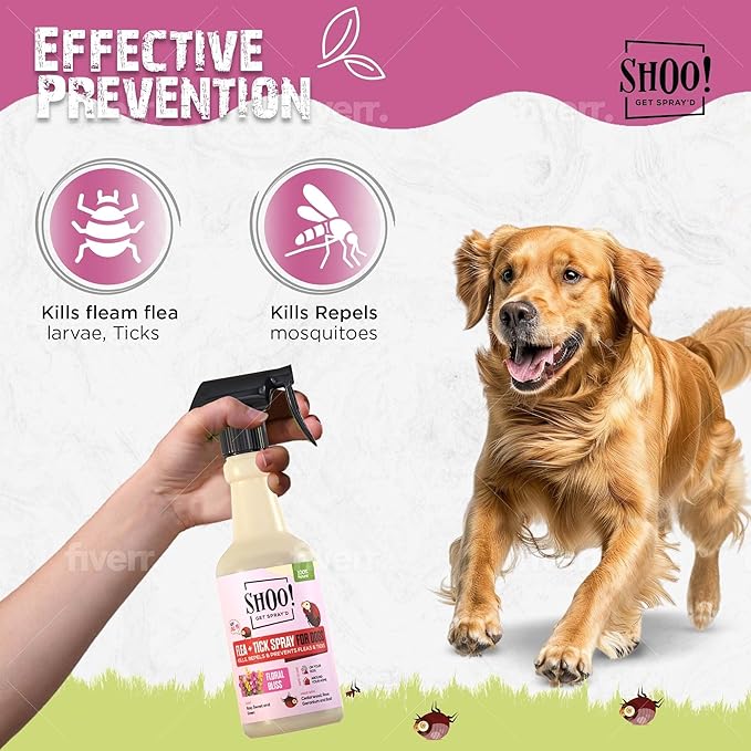 Shoo! Flea & Tick Spray for Dogs and Home | Plant Based, Natural Oils, Chemical Free Formula | Kills, Repels, Prevents | 16 oz (Floral Bliss)-Mewly Pet
