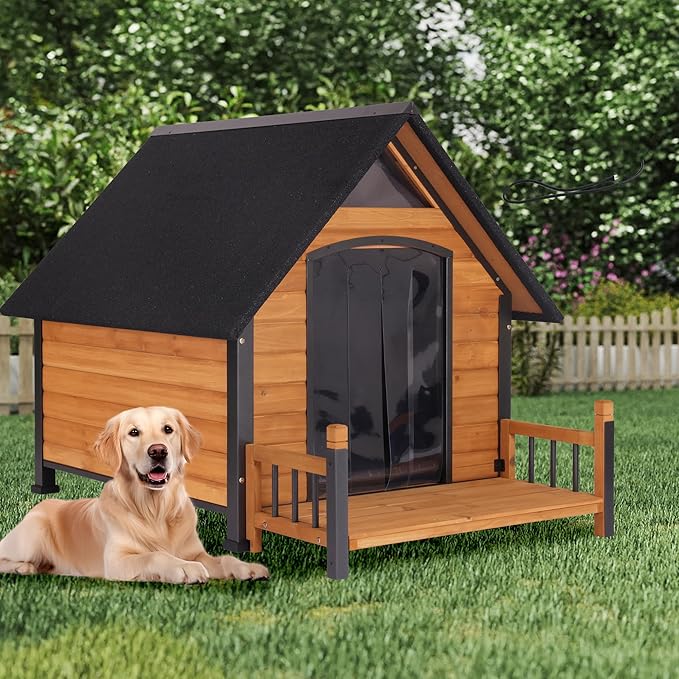 Large Dog House Outdoor Weatherproof with Porch, All-Metal Frame Chew-Proof Dog Kennel with Asphalt Roof, for Small Medium Large Dogs-Mewly Pet