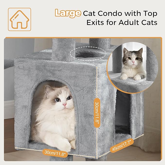 72” Cat Tree for Large Cats Big Cat Tower with Enlarged Hammock 21.6x17.7” Spacious Cats Condo House and Roomy Top Bed and Multiple Scratch Posts for Indoor Adult Cats (Grey, XLarge-72)-Mewly Pet