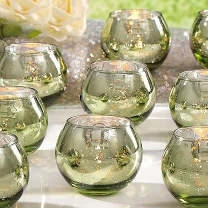 LAMORGIFT 24 Pcs Green Candle Holders - Mercury Glass Tealight Candle Holders for Spring Wedding, Birthday, Dinner Party Table Decor, Guest Favors