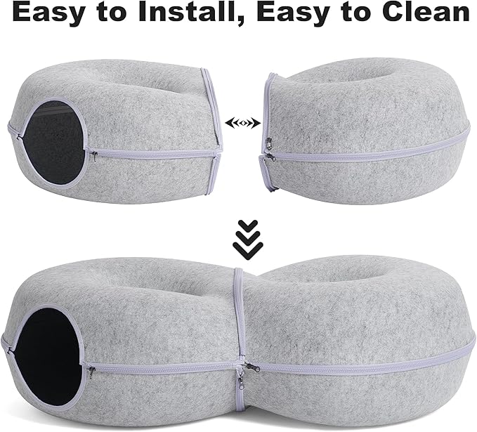 8-Shaped Large Cat Tunnel Bed for Indoor Cats, Infinite Circulation Peekaboo Cat Cave with 12 Toy Balls, Cat Donut Tunnel for Cats up to 30 Pounds (Light Grey, L 38x24x11in)-Mewly Pet