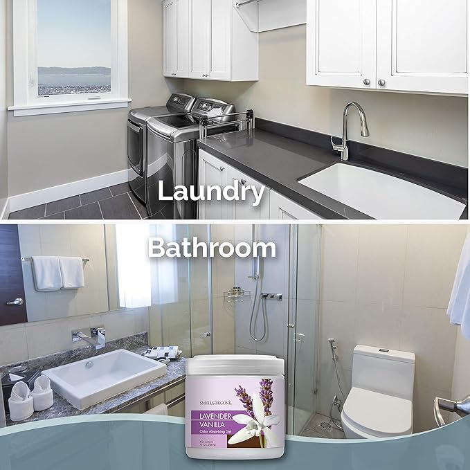 SMELLS BEGONE Air Freshener Odor Absorber Gel - 15 oz, Pack of 2 - Absorbs and Eliminates Odor in Pet Areas, Bathrooms, Cars, & Boats - Made with Essential Oils - Lavender Vanilla Scent-Mewly Pet