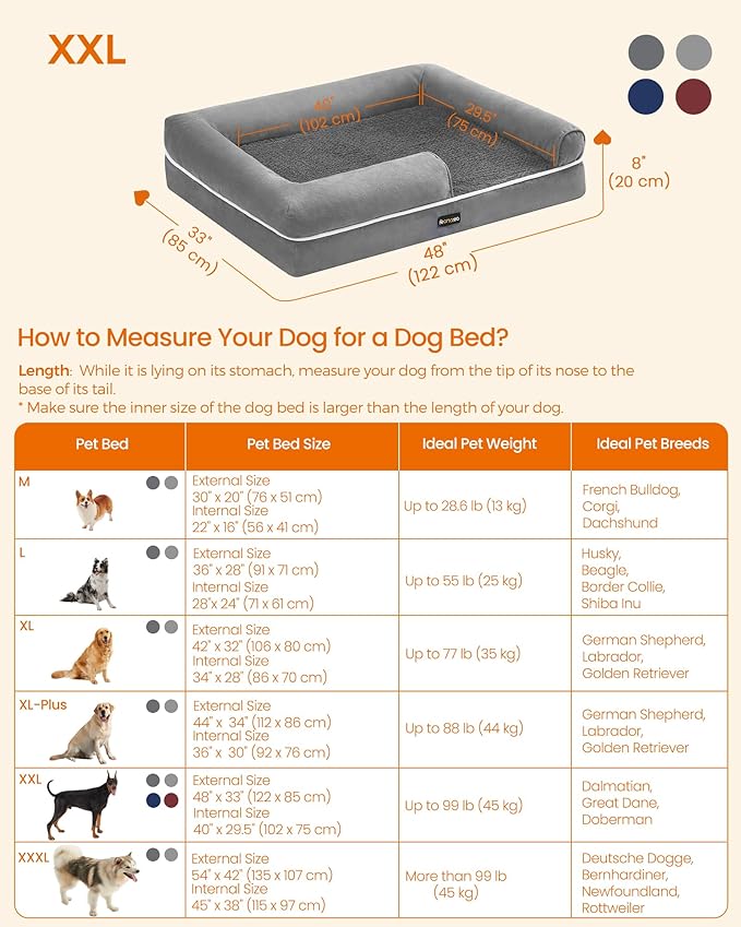 Feandrea Orthopedic Dog Bed, Large Dog Bed Waterproof, Removable Washable Cover Sofa with Non-Slip Bottom, Raised Edges, 48 x 33 x 8 Inches, Light Gray UPGW078G02V1-Mewly Pet