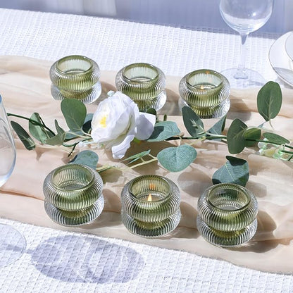 Woho Ribbed Glass Votive Candle Holders Set of 6, Vintage Tealight Candle Holder for Wedding Decor, Elegant Tea Lights Candle Holder for Dinner Table/Christmas Decorations(Green, 2.1" H X 2.75" D)