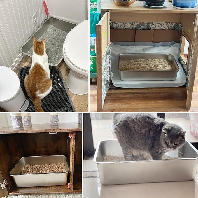 Stainless Steel Litter Box 2 Pack,Metal Litter Box for Cat Easy to Clean,Medium Cat LitterBox for Cats/Kitty/Rabbit,Metal Cat Toilet for Kitten,Non Stick, No Smell,17.7" L x 13.8" W x 6" H-Mewly Pet