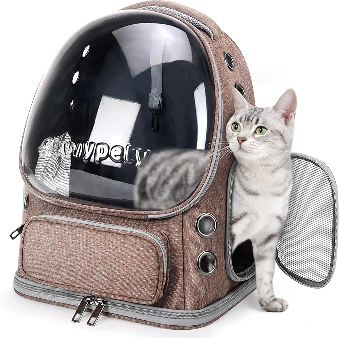 Cat Backpack Carrier, Breathable Cat Carrier Large Space Bubble Pet Backpack for Kitty Small Dog up to 15lbs, Transparent & Foldable Pet Carrier for Travel Hiking-Mewly Pet