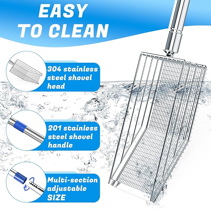 Chicken Poop Scooper, 304 Stainless Steel Shovel Head, 4-in-1 Chicken Litter Scoop with Handle for Chicken Coop & Pet Waste Cleaning, Multifunctional Litter Sifting Shovel(20 to 49")-Mewly Pet