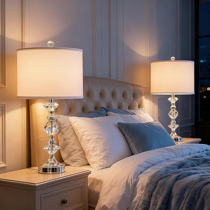 25.5" Crystal Table Lamps Set of 2 for Living Room, Modern Bedside Nightstand Lamps with USB A+C Charging Ports with White Shade, 3 Way Dimmable Nickel Bedroom Lamp for End Table