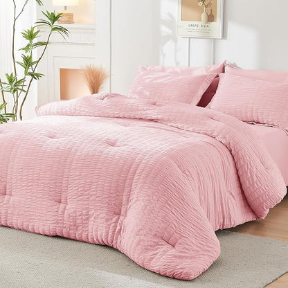 HYMOKEGE Pink California King Comforter Set Seersucker 7 Pieces, All Season Luxury Bed in a Bag for Bedroom, Bedding Set with Comforters, Sheets, Pillowcases & Shams