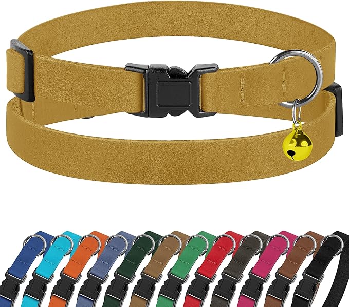 Breakaway Cat Collar Leather with Removable Bell - 13 Colors Available - Soft Adjustable Girl Boy Safety Lightweight Pet Kitten Collars Pink Brown Blue Green Red Orange Black (Mustard)-Mewly Pet