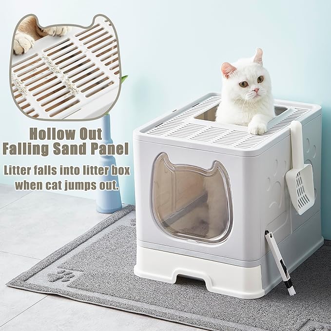 Gefryco Litter Box with Lid for Small to Medium Cats, Enclosed Cat Litter Box with Cover，High Sided Top Entry Cat Box with Brush and Scoop, Cute Kitty Litter Pan with Drawer for Growing Kittens(Grey)-Mewly Pet