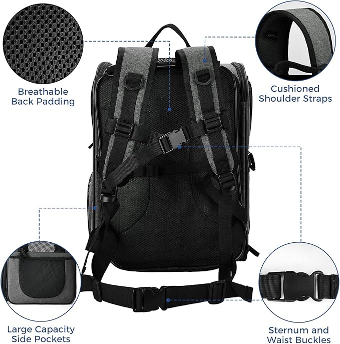 Apollo Walker Pet Carrier Backpack for Large/Small Cats and Dogs, Puppies, Safety Features and Cushion Back Support for Travel, Hiking, Outdoor Use (Gray-Expandable)-Mewly Pet