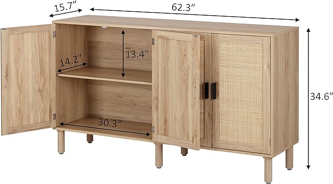 Finnhomy 4 Door Sideboard Buffet Cabinet, Kitchen Storage Cabinet with Rattan Decorated Doors, Cupboard Console Table, Boho Accent Liquor Cabinet for Home Bar, 62.3X 15.7X 34.6 Inches, Natural