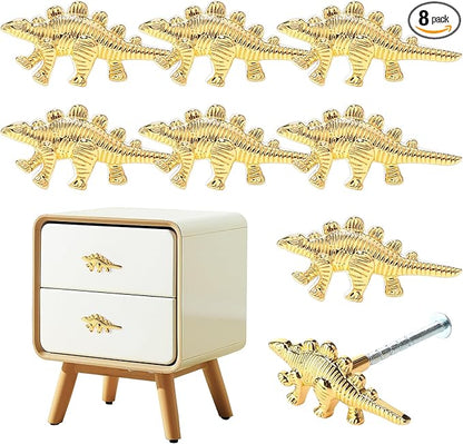 8 Pack Metal Dinosaur Knobs for Kids Furniture - Stego Style Gold Finish Drawer Pulls & Cabinet Handles, Scratch-Resistant (Stegosaurus)