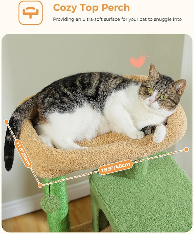Cactus Cat Tree for Indoor Cats, 45.7" Multi-Level Cat Tower with Large Metal Frame Hammock, Cat Condo with 4 Scratching Posts and Top Perch, Green-Mewly Pet