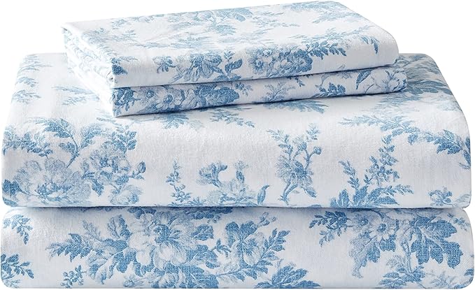 Laura Ashley - Flannel Sheets Twin Size, Anti-Pilling & Wrinkle Resistant Cotton, Touchably Soft for All-Season Comfort - Bed Sheets with Matching Pillowcase & Fitted Sheet (Vanessa Blue)