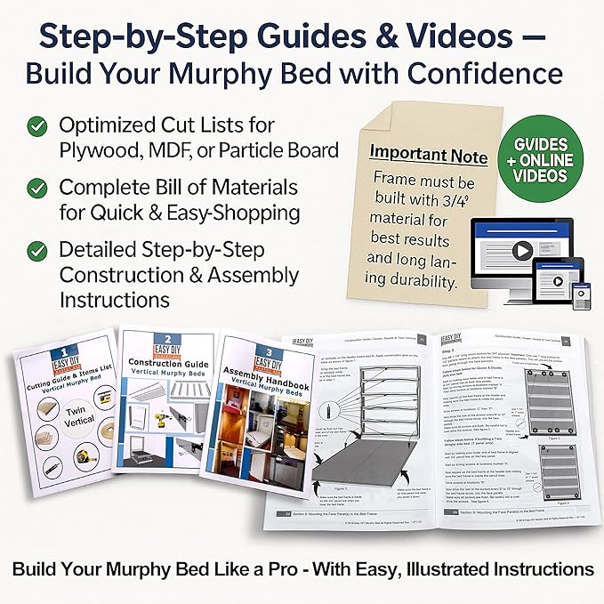 Full Size DIY Murphy Bed Hardware Kit – Horizontal Wall Bed for Space-Saving - Budget-Friendly DIY Setup -Made in USA -Hide Away Design with Full Murphy Bed Hardware - Bed Lift Mechanism - Pull Down