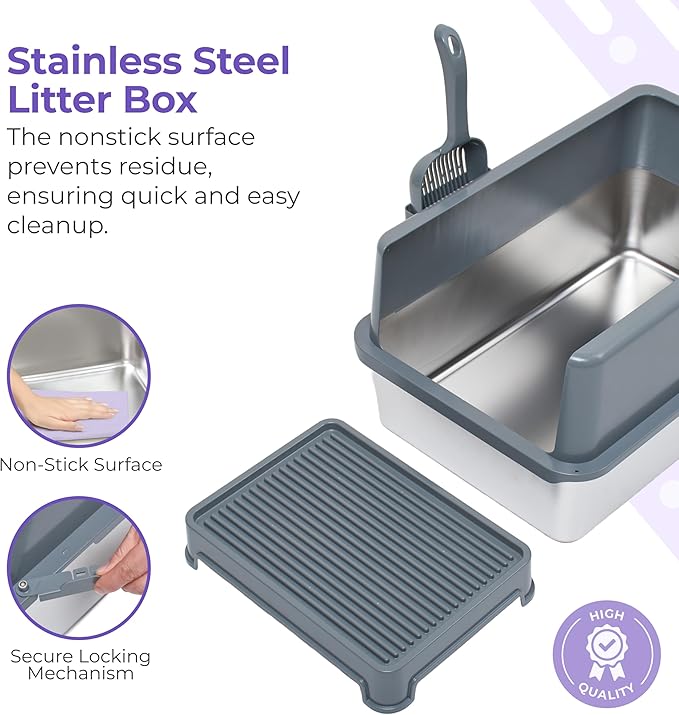 iPrimio Premium Stainless Cat Litter Box for Easy Cleanup - Durable and High Sides Stainless Steel Litter Box with Step Scoop - Mat Elevated for Cats - Scratch and Bite Proof - Dark Grey-Mewly Pet