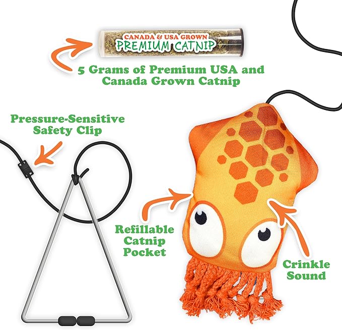 Meowijuana Jump 'n' Jamb Door Hanging Cat Toy | Deep Sea Squid | Refillable Interactive Catnip Toy | Promotes Play and Cat Health | Includes Potent Catnip Grown in North America-Mewly Pet