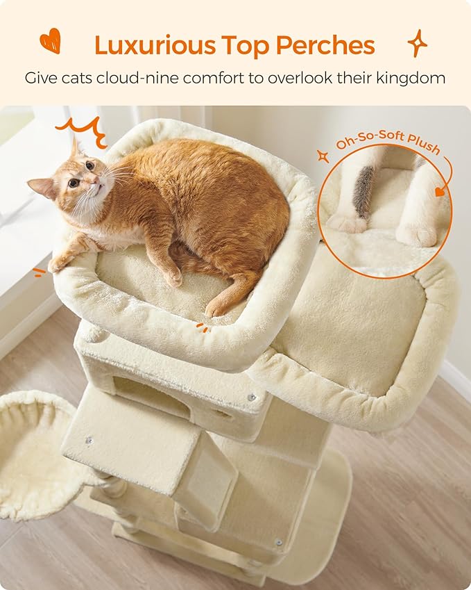 Feandrea Cat Tree, 81.1-Inch Large Cat Tower with 13 Scratching Posts, 2 Perches, 2 Caves, Basket, Hammock, Pompoms, Multi-Level Plush Cat Condo for Indoor Cats, Beige UPCT190M01-Mewly Pet