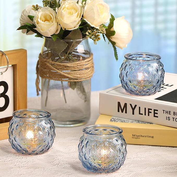 DARJEN Blue Votive Candle Holders Set of 24- Round Glass Candle Holders Bulk for Tea Light Candle, Diamond Texture Candle Votives for Wedding Centerpiece, Party & Home Decor