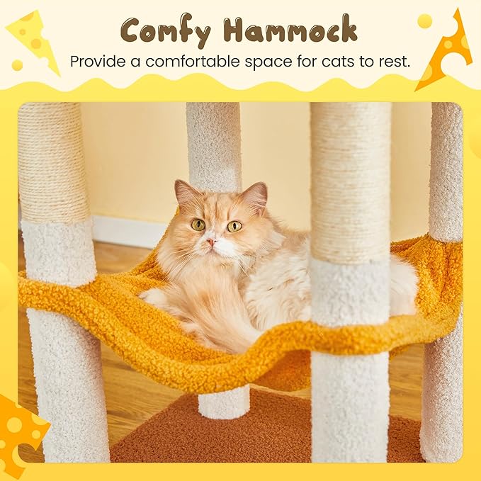 MWPO Cat Tree, 63.8-Inch Cat Tower for Indoor Cats, Multi-Level Cat Condo with 5 Scratching Posts, 2 Perches, Hammock, Dangling Toys, Yellow-Mewly Pet