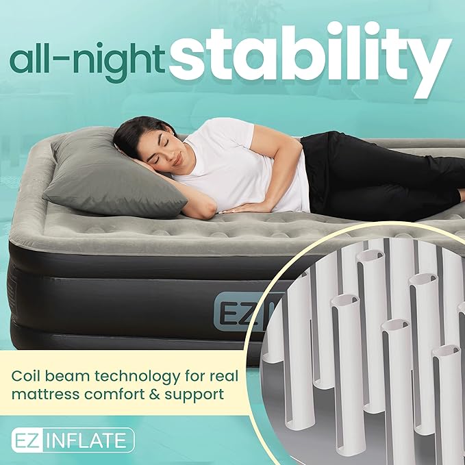EZ INFLATE Air Mattress with Built in Pump - Twin Size Double-High Inflatable Mattress with Flocked Top - Easy Inflate, Waterproof, Portable Blow Up Bed for Camping & Travel