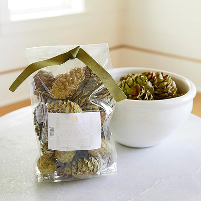 Hillhouse Naturals Cedar & Pine 8oz Potpourri Green Pine Cones. Our Potpourri Combines The Fresh Scent of Pine with a Subtle hint of Cedar and Citrus Peel. Made in The USA.