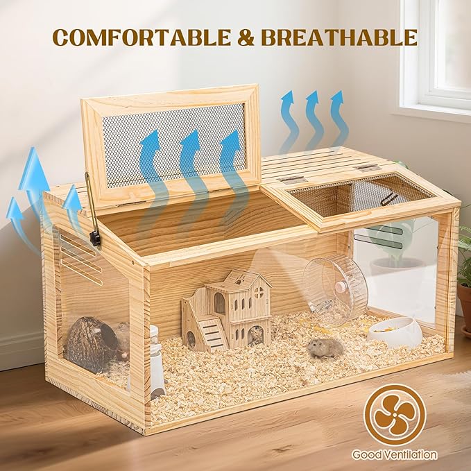 Hamster Cage 40 Inch Wooden Chewproof, 270° View Habitat with Bite-Proof Metal Mesh & Dual Access Doors, Acrylic Sheets & Solid Build for Dwarf Syrian Hamsters/Gerbils/Guinea Pigs/Chinchillas-Mewly Pet