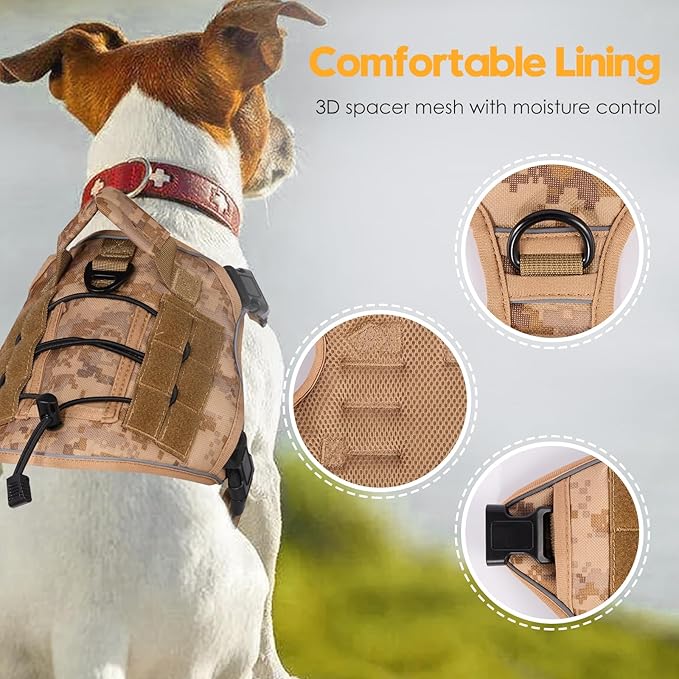 Heavy-Duty Tactical Dog Harness for Large Dogs, No Pull Adjustable Reflective Pet Vest with Molle System, K9 Military-Grade Control for Service Training, Outdoor & 10+ Breeds, Khaki Camo, Small-Mewly Pet