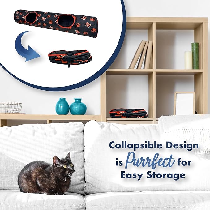 NFL Cincinnati Bengals Cat Tunnel Tube Toy with Plush Football Catnip and Feathers Collapsible Tunnel for Cats to Play, Peek and Hide, Sporty & Fun Cat Tunnel Toy with Team Logo All-Over Design!-Mewly Pet