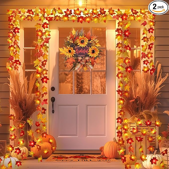 2 Pack Thanksgiving Decorations Maple Leaf Pumpkin Lights, Total 20Ft 40 LED Battery Operated 3D Pumpkin Fall Leaves Garland String Lights for Home Mantel Table Porch Door Indoor Outdoor Fall Decor