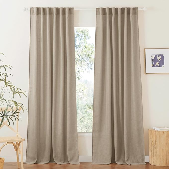 RYB HOME Khaki Linen Curtains 95 inches, Rod Pocket & Back Tab Linen Blend Boho Elegant Light Filtering Stain Resistant Privacy Protected Panels for Dining Room, 52" W, 2 Panels