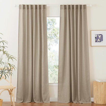 RYB HOME Khaki Linen Curtains 95 inches, Rod Pocket & Back Tab Linen Blend Boho Elegant Light Filtering Stain Resistant Privacy Protected Panels for Dining Room, 52" W, 2 Panels