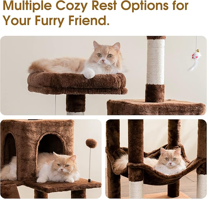 MWPO 70.1-Inch Large Cat Tree, Multi-Level Tall Cat Tower for Indoor Cats, Plush Cat Condo with Big Padded Perches, Sisal-Covered Scratching Posts, Hammock, Toys for Kittens & Cats - Brown-Mewly Pet