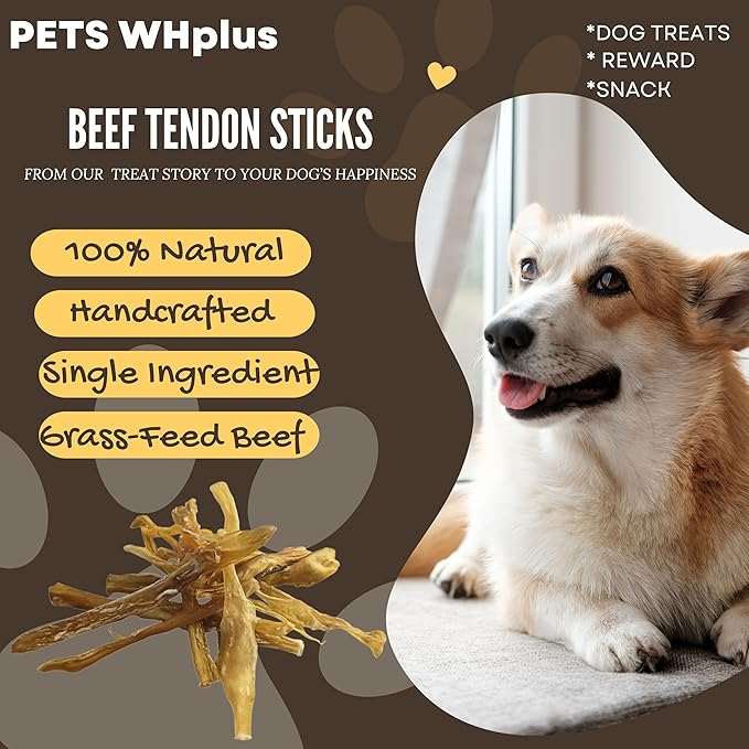Beef Tendon Dog Treats, Single Ingredient, 100% Natural, Grass-Fed, Long-Lasting Rawhide-Free Chews, Collagen Protein, Dental & Joint Support, 4 oz, Safe & Grain-Free Snack-Mewly Pet