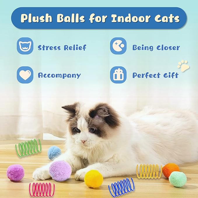 30 Pcs Premium Silent Cat Pom Pom Balls, Interactive Lightweight Assorted Colors Fuzzy Toy Balls (1.2 inches), with 4 Pcs Cat Spring Toy for Indoor Kitten Playing Exercising-Mewly Pet