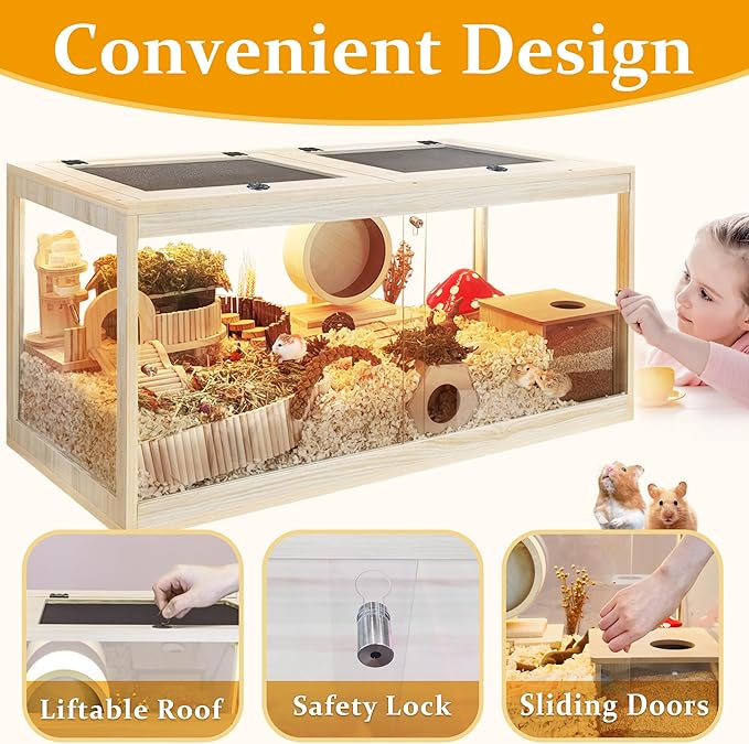 Prolee Hamster Habitat Chewproof,Wooden Hamster Cage with Openable Metal Mesh Top,Gerbil Cage with Lock Design for Hamster House (32"x16"x16")-Mewly Pet