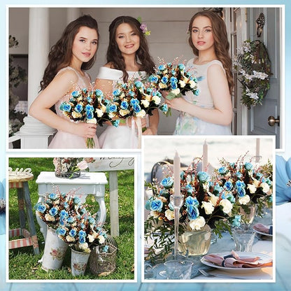 Hotop 12 Bunches of Artificial Flowers Centerpiece 13 Inches Silk Faux Roses Bouquets for Table Decoration Realistic Bouquet Arrangement Boho Faux Flowers for Wedding (Light Blue)