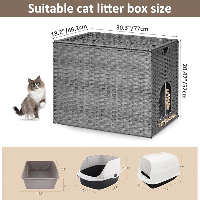Cat Litter Box Enclosure with Litter Trapping Mat; Handwoven Plastic Rattan Cat House; No Installation Hidden Cat Washroom; Pet Crate for Balcony,Bedroom,Living Room-Mewly Pet