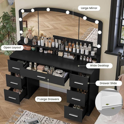 usikey 43.3" Vanity Desk with Large Lighted Mirror, Makeup Vanity Table with 7 Drawers & 10 Lights Bulbs, 3 Lighting Colors, Make Vanity Desk, Vanity Table for Women Girls, Black