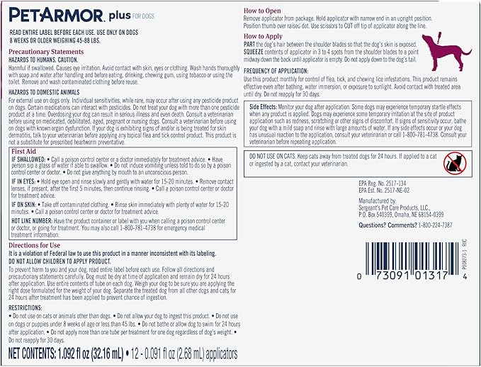 PetArmor Plus Flea and Tick Prevention for Dogs, Dog Flea and Tick Treatment, 12 Doses, Waterproof Topical, Fast Acting, Large Dogs Dogs (45-88 lbs)-Mewly Pet